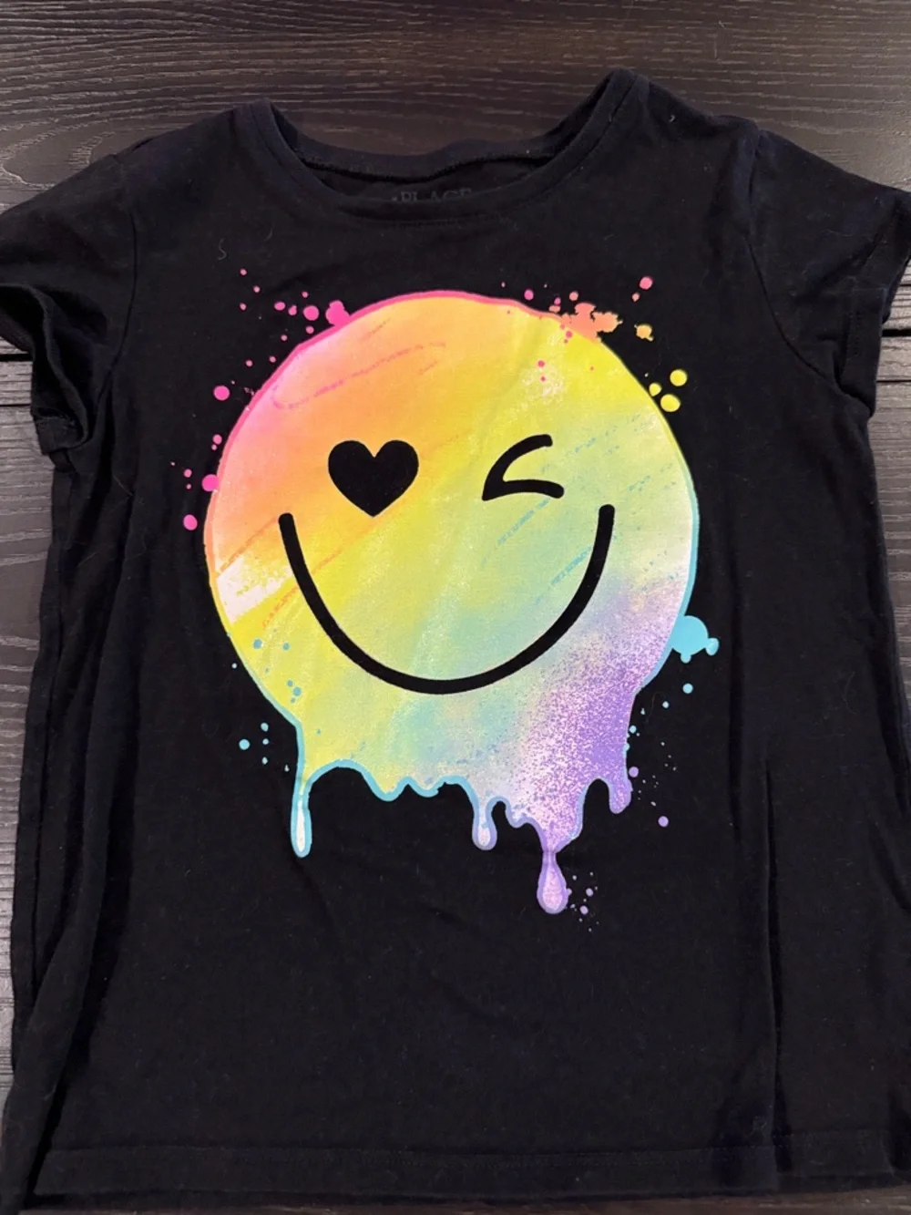 The Children's Place Black Tee with Rainbow Drip Wink Smiley